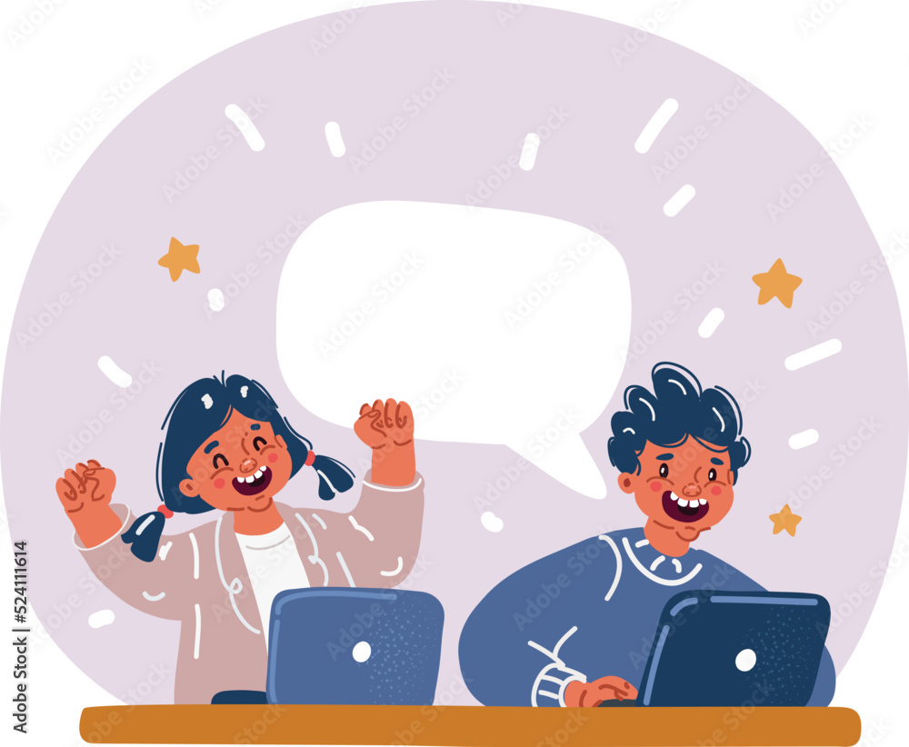 Vector illustration of Two Children working at Laptop Vector illustration of Two Children working at Laptop