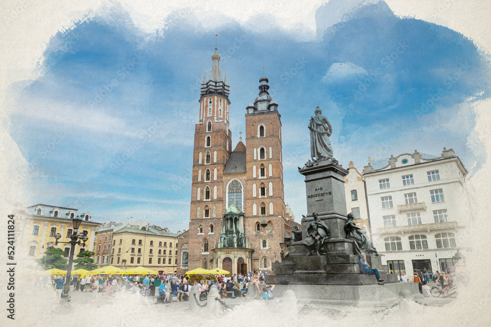  Krakow Market Square painting in Poland - Digital illustration of downtown Krakow, Poland
