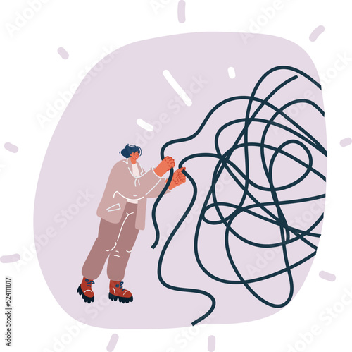 Vector illustration of Help tangled minds. Woman unravel disorder mental threads of teenager woman, treatment anxiety mind obsessive brain psychology counseling photo