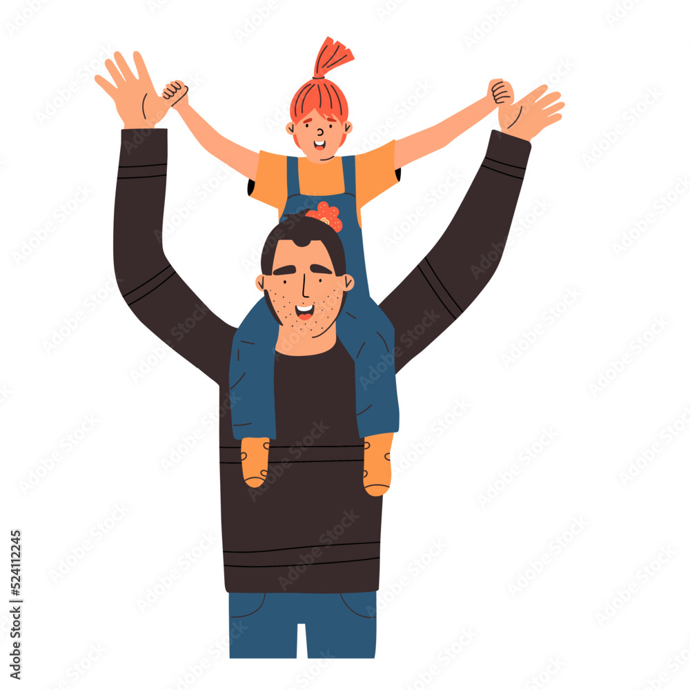 The daughter sits on the father's neck and laughs. The father plays with the child. Happy fatherhood concept. Vector illustration in flat style The daughter sits on the father's neck and laughs. The father plays with the child. Happy fatherhood concept. Vector illustration in flat style