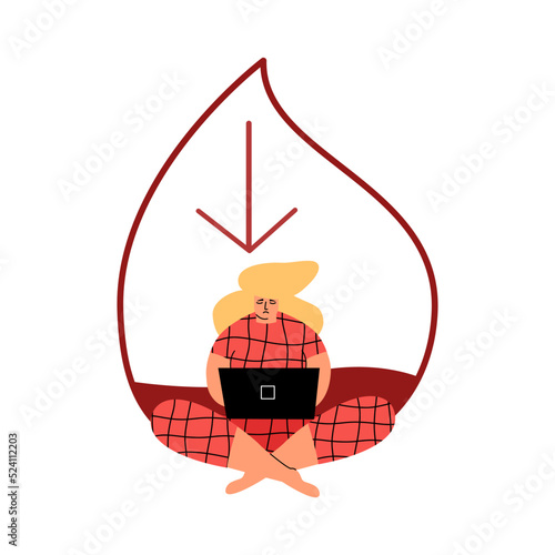 A girl with diabetes is looking for information about the disease on the Internet. Anemia or hypoglycemia concept. Vector illustration