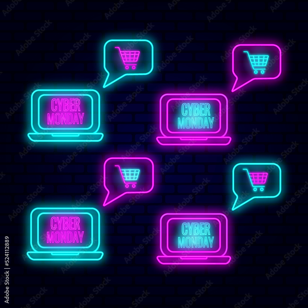 Cyber monday concept with banner on laptop display with notification Cyber monday concept with banner on laptop display with notification