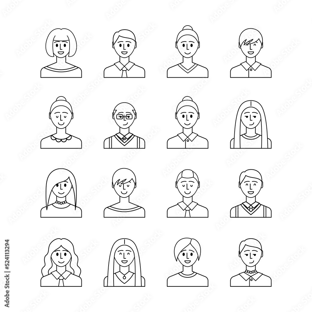 Various Avatars Signs Thin Line Icons Set Include of Portrait Man and Woman. Vector illustration of Icon Various Avatars Signs Thin Line Icons Set Include of Portrait Man and Woman. Vector illustration of Icon