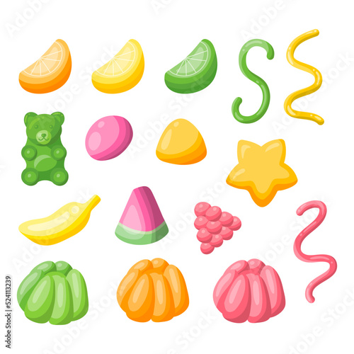 Cartoon Color Gummy Jelly Candy Icon Set Flat Design Style Concept. Vector illustration of Gum Dessert