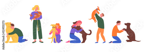 Cartoon Color Characters People and Petting Dogs Concept. Vector illustration of Boy and Girl with Puppy