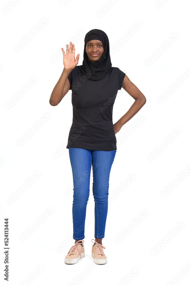 full portrait of woman with hand up over white background full portrait of woman with hand up over white background