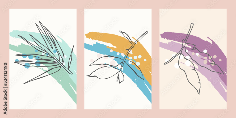 Set of contemporary art prints with abstract leaves. Modern vector design.