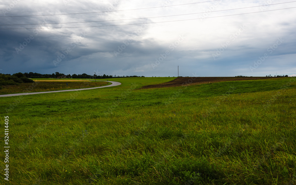 Green meadows of farmland under a cloudy sky, the sun is trying to break through heavy gray pre-storm clouds. In the background, arable land and a turn of the local road are visible. Green meadows of farmland under a cloudy sky, the sun is trying to break through heavy gray pre-storm clouds. In the background, arable land and a turn of the local road are visible.
