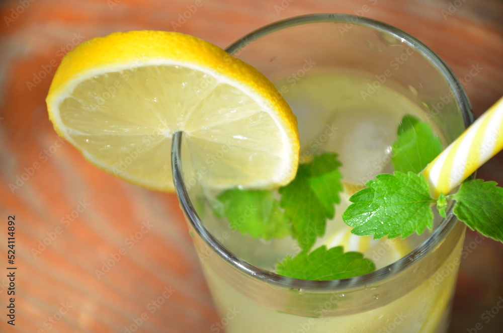 Fresh summer drink. Cold lemonade with mint lemon and lime on a nature outdoor background. Mojito summer refreshing cocktail with ice and mint Fresh summer drink. Cold lemonade with mint lemon and lime on a nature outdoor background. Mojito summer refreshing cocktail with ice and mint