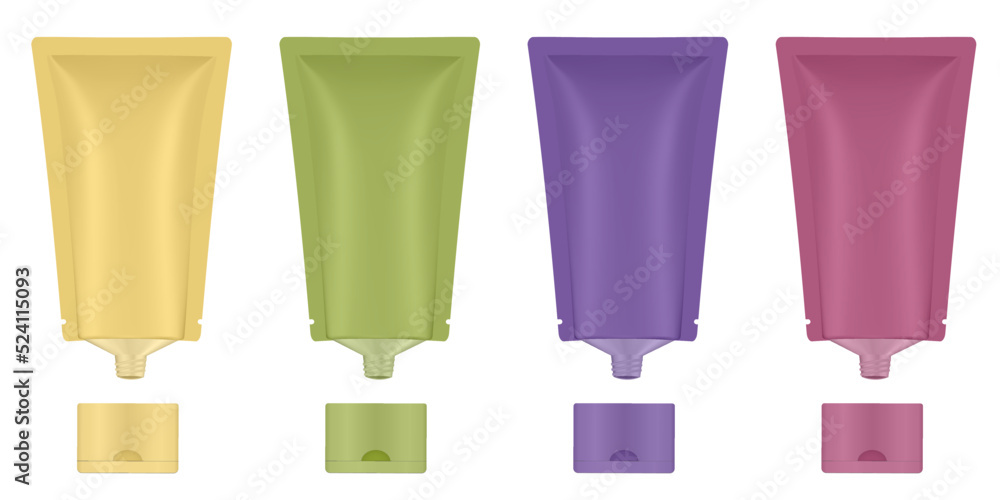 Set of yellow, green, purple and red tubes. Eco-friendly paper package for cosmetics products. Paper tube-pouch. Korean cosmetics. Modern packaging Set of yellow, green, purple and red tubes. Eco-friendly paper package for cosmetics products. Paper tube-pouch. Korean cosmetics. Modern packaging