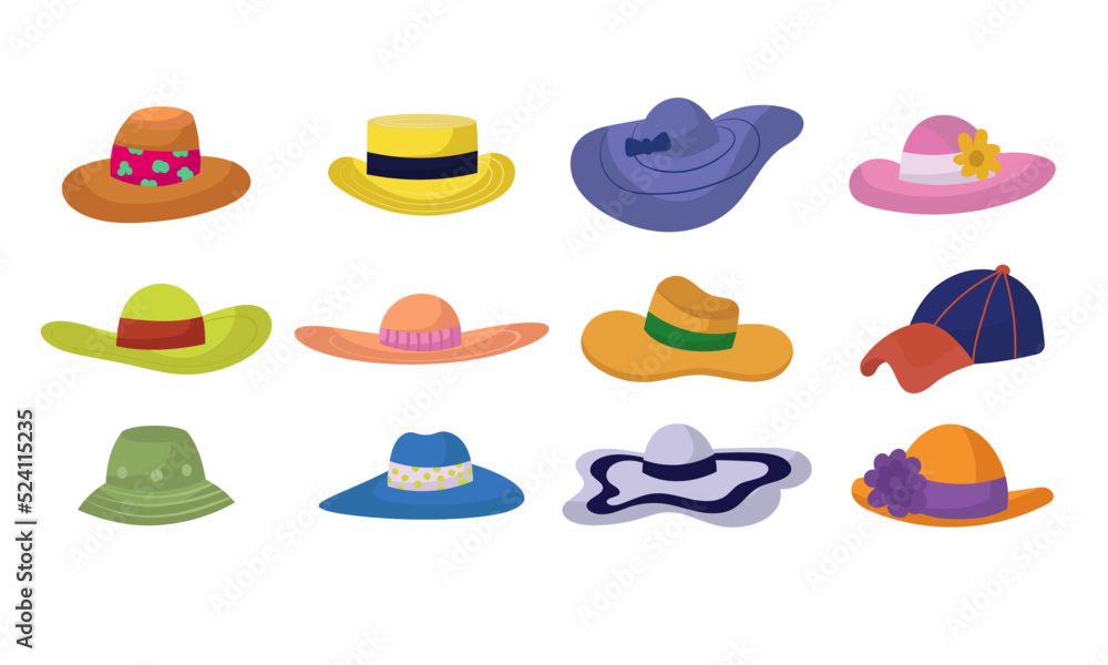 Summer cap or cartoon hat and sunhat set icon. Beach accessory girl and elegant clothes isolated vector illustration. Headdress collection element and headgear with ribbon for sea. Flat head clothing - obrazy, fototapety, plakaty 