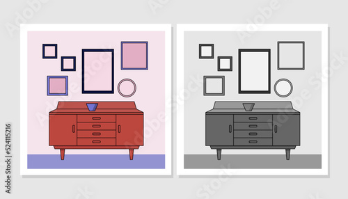 illustration of furniture with pictures above on the wall. 