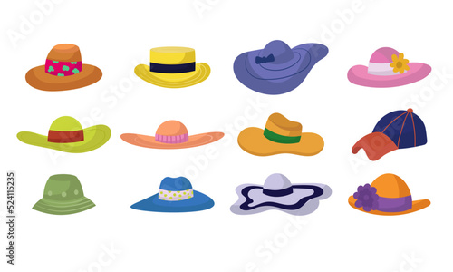 Summer cap or cartoon hat and sunhat set icon. Beach accessory girl and elegant clothes isolated vector illustration. Headdress collection element and headgear with ribbon for sea. Flat head clothing
