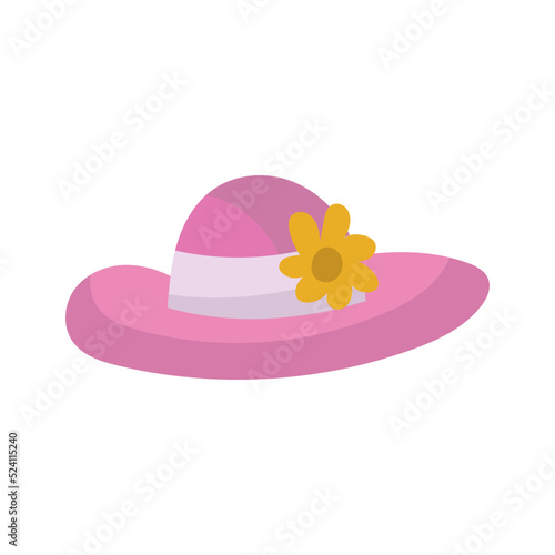 Summer cap or cartoon hat and sunhat icon. Beach accessory girl and elegant clothes isolated vector illustration. Headdress element and headgear with ribbon for sea. Flat head clothing