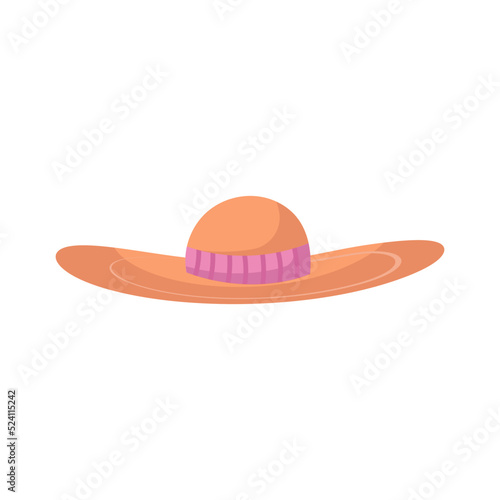 Summer cap or cartoon hat and sunhat icon. Beach accessory girl and elegant clothes isolated vector illustration. Headdress element and headgear with ribbon for sea. Flat head clothing
