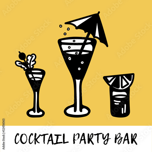 Set of vector illustrations of glasses with cocktails with bubbles, umbrella, berry, lemon and orange slice. Icon for bar and club, website, party, coaster design, bar logo, cafe menu, bar menu