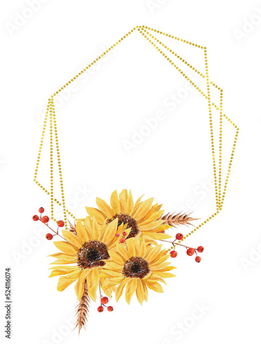 Watercolor golden frame with sunflowers bouquet, spikelets of wheat, red berries. Floral spring autumn geometric. For T-shirt, posters, postcards, magazines, advertising, wedding stationery, packaging