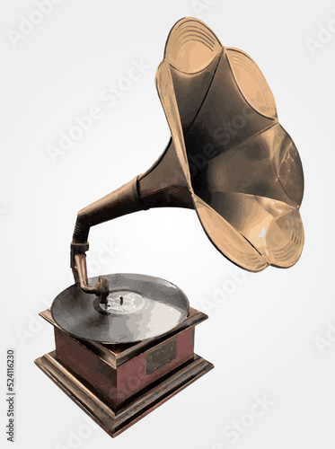 Old wooden gramophone or record player. EPS vector illustration. 
