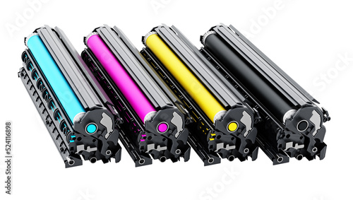 Stack of laser printer CMYK toners. 3D illustration