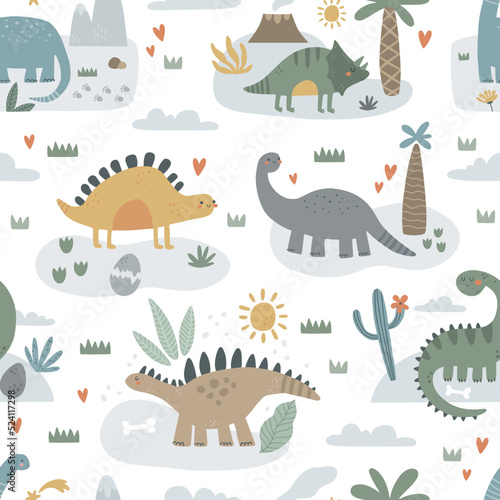 vector seamless pattern with cute dinos on white
