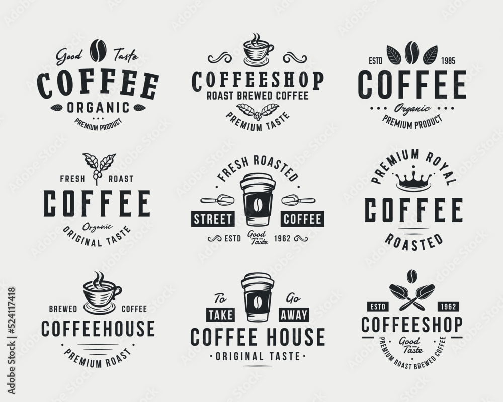 Fototapeta premium Vintage Coffee logo set. Set of 9 coffee logo templates for Cafe, Restaurant, Coffee Shop emblems and posters. Vector illustration