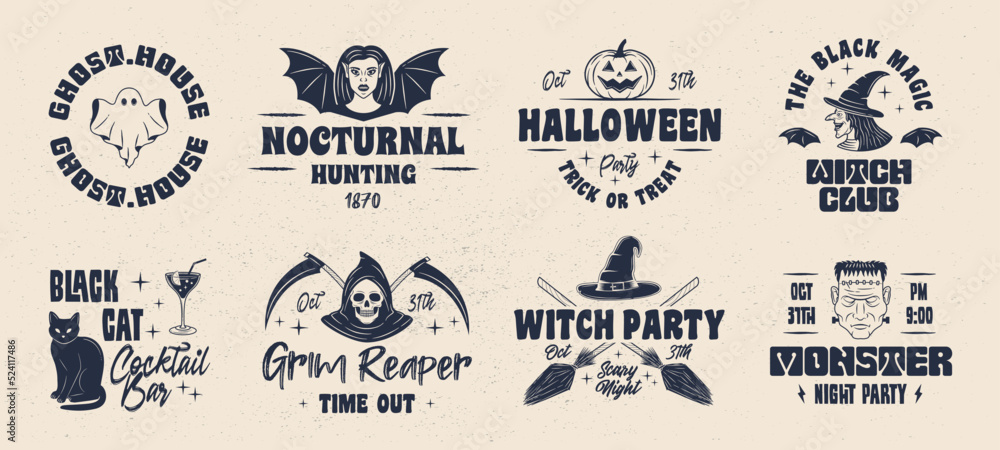 Halloween emblems. Ghost, Witch, Vampire emblems. Halloween design. Retro prints for T-shirt, typography. Vector illustration