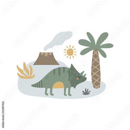 cute vector concept with dino and leaves