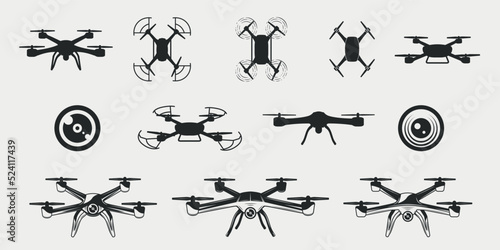 Set of 12 Drone icons isolated on white background. 12 Drone, UAV design elements. Vector illustration	