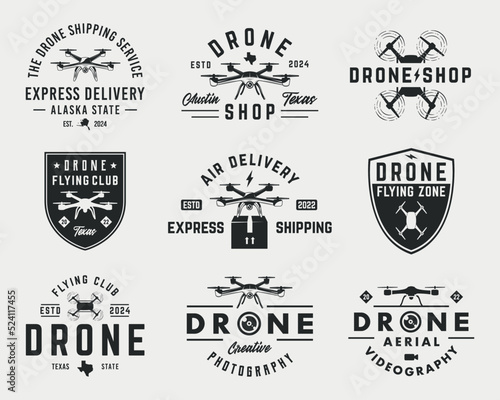 Drone, UAV logo set. Set of 9 logo, labels, badges templates. Design for drone business. Vector templates	