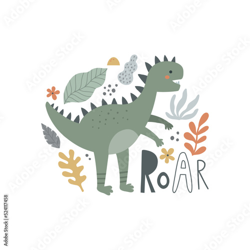 cute vector concept with dino and leaves