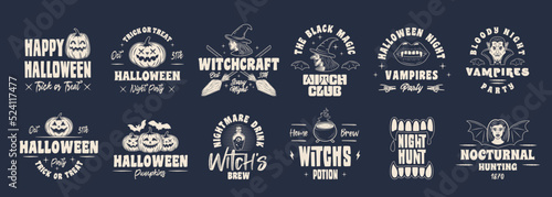 Halloween spooky logo set. 12 Halloween emblems, labels. Witch's, Pumpkins and Vampires logos. Halloween emblems vintage design. Vector illustration