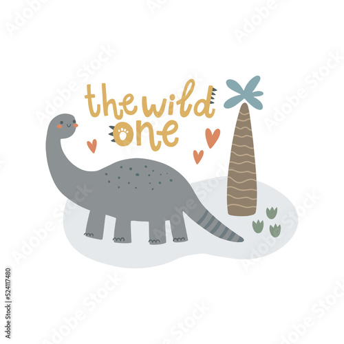 cute vector concept with dino and leaves