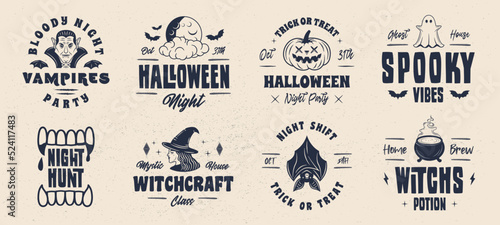 Halloween logo set. Spooky, scary emblems. Halloween design. Retro prints for T-shirt, typography. Vector illustration