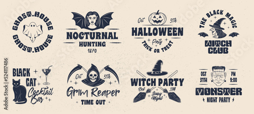 Halloween emblems. Ghost, Witch, Vampire emblems. Halloween design. Retro prints for T-shirt, typography. Vector illustration