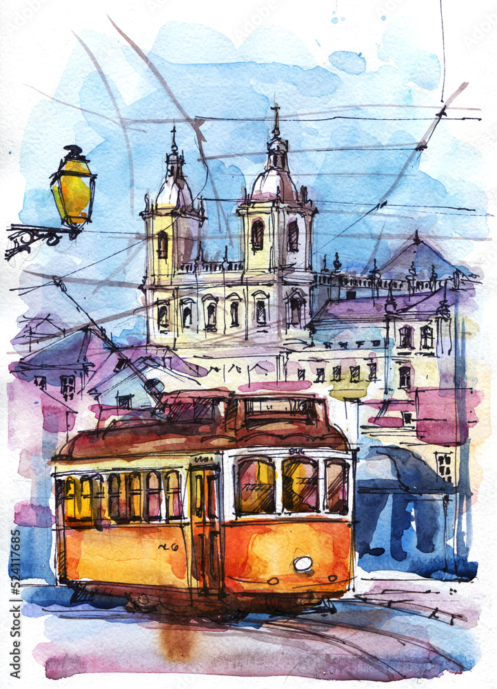 Obraz premium Old Tram Lisbon Portugal. Watercolor Travel Sketch. Lisbon cityscape. Portugal Architecture. Streets of the old city