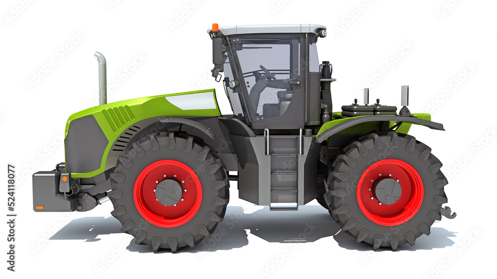 Obraz premium Wheeled Tractor farm equipment 3D rendering on white background