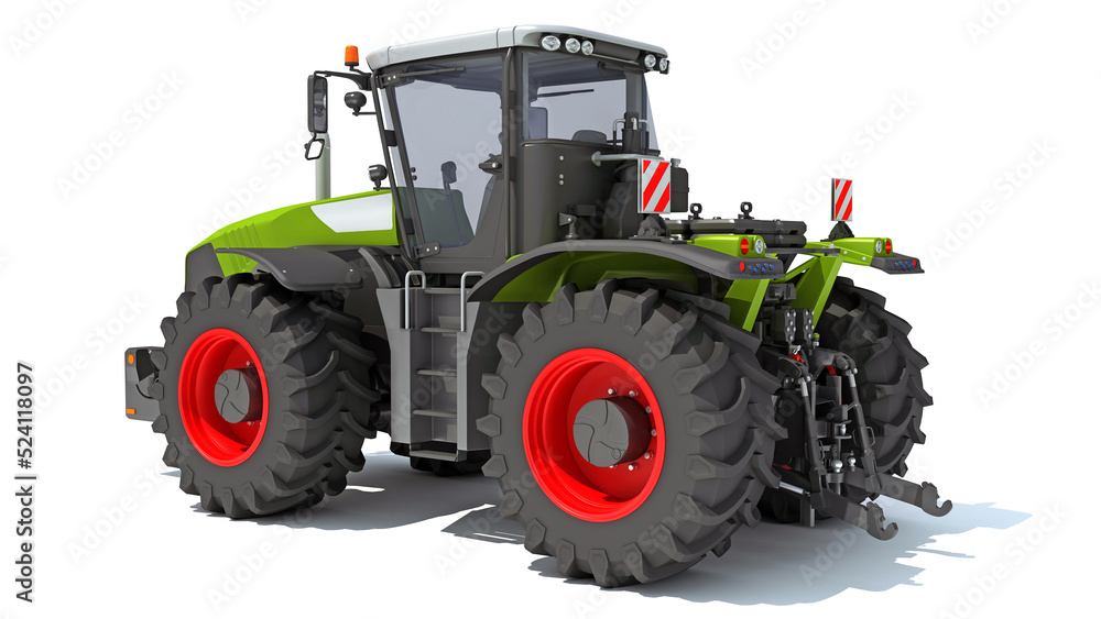 Wheeled Tractor farm equipment 3D rendering on white background Wheeled Tractor farm equipment 3D rendering on white background