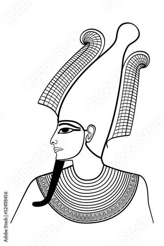 Osiris, portrait of the ancient Egypt god of afterlife, dead and resurrection. Partially mummy-wrapped with a pharaoh beard and an atef crown. Cut up by his brother Seth, resurrected by his wife Isis.