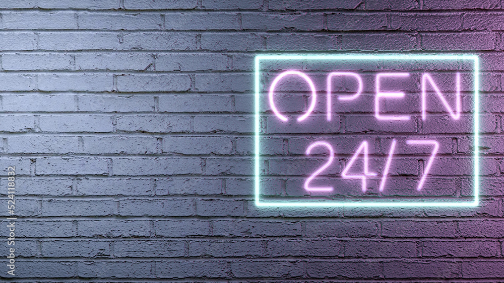 Fototapeta premium Open 24 hours 7 days neon sign on white brick wall background with copy space for text, 3d rendering.