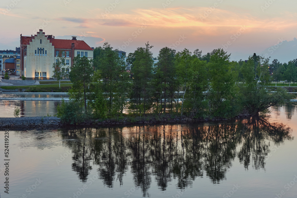 Summer white night after sunset in Finnish Joensuu near Pielisjoki river.