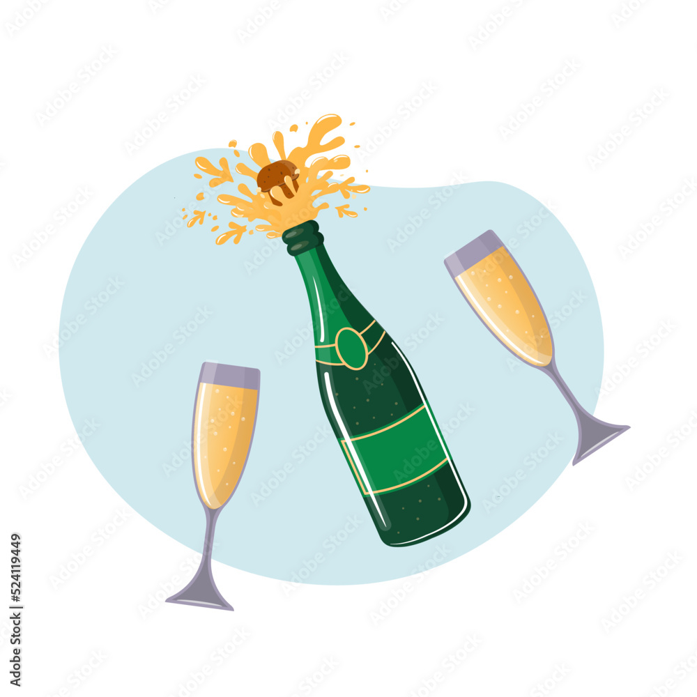 Champagne bottle and glasses, set of cartoon vector illustrations isolated on white background. Closed and open bottle of champagne and glasses, celebratory toast, popping cork with explosion