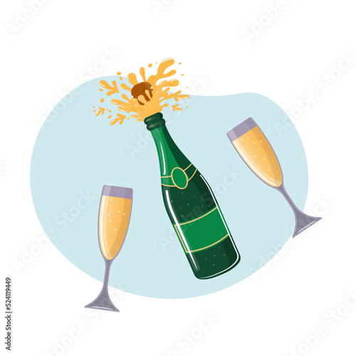 Obraz na płótnie Champagne bottle and glasses, set of cartoon vector illustrations isolated on white background. Closed and open bottle of champagne and glasses, celebratory toast, popping cork with explosion w salonie