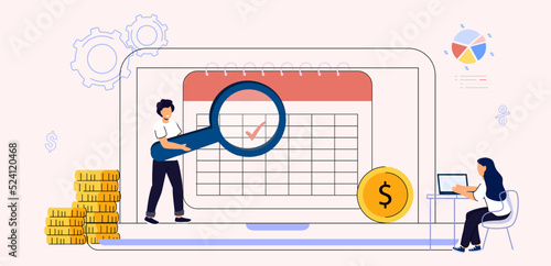 Tax payment conditions сalendar Keep up with monthly payments metaphor concept Deductible revenue Payment deadline Vector illustrations Payday in time for employee Borrowers pay regular fees online
