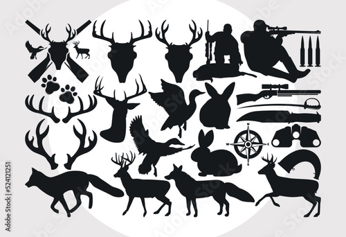 Hunting SVG Bundle  Hunter svg  Duck Svg  Fox Svg  Deer Antlers Svg  Deer Svg  Bunny Svg  Gun  Compass  Bullet  Camera  Knife  Sword  Paw