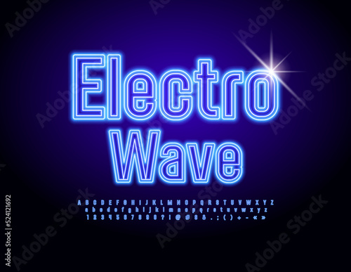 Vector neon poster Electro Wave. Blue illuminated Font. Led Alphabet Letters, Numbers and Symbols set 