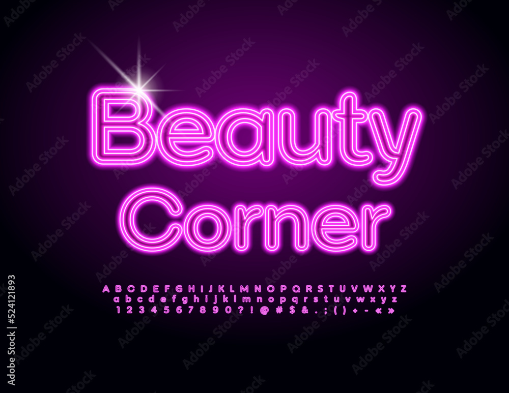 Vector glamour logo Beauty Corner. Pink Neon Font. Glowing Alphabet Letters, Numbers and Symbols set Vector glamour logo Beauty Corner. Pink Neon Font. Glowing Alphabet Letters, Numbers and Symbols set