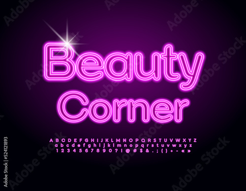 Vector glamour logo Beauty Corner. Pink Neon Font. Glowing Alphabet Letters, Numbers and Symbols set