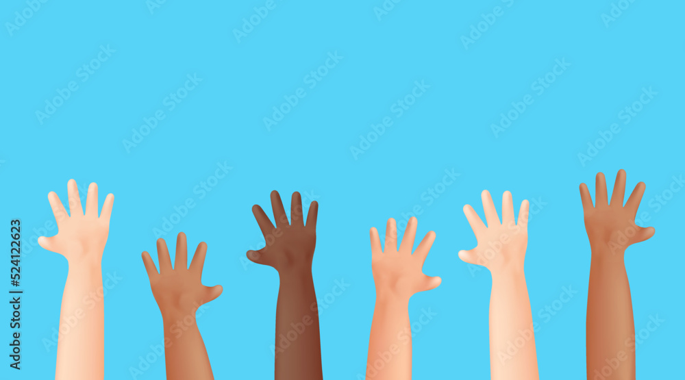 Peace no war 3d vector multi ethnic hands gesturing on blue background. World peace day illustration