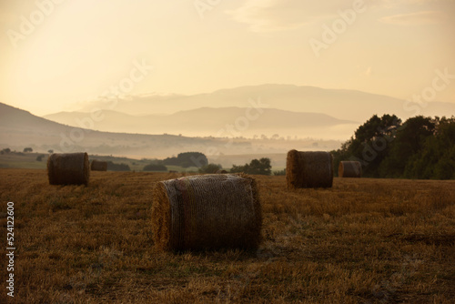 Haystack in field on sunrise,beautiful landscape view