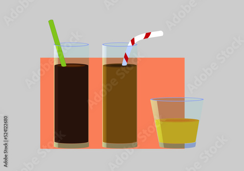 Bebidas, vaso alto con cola y pajita, vaso con cacao y pajita de rayas rojas y vaso bajo con refresco de naranja
